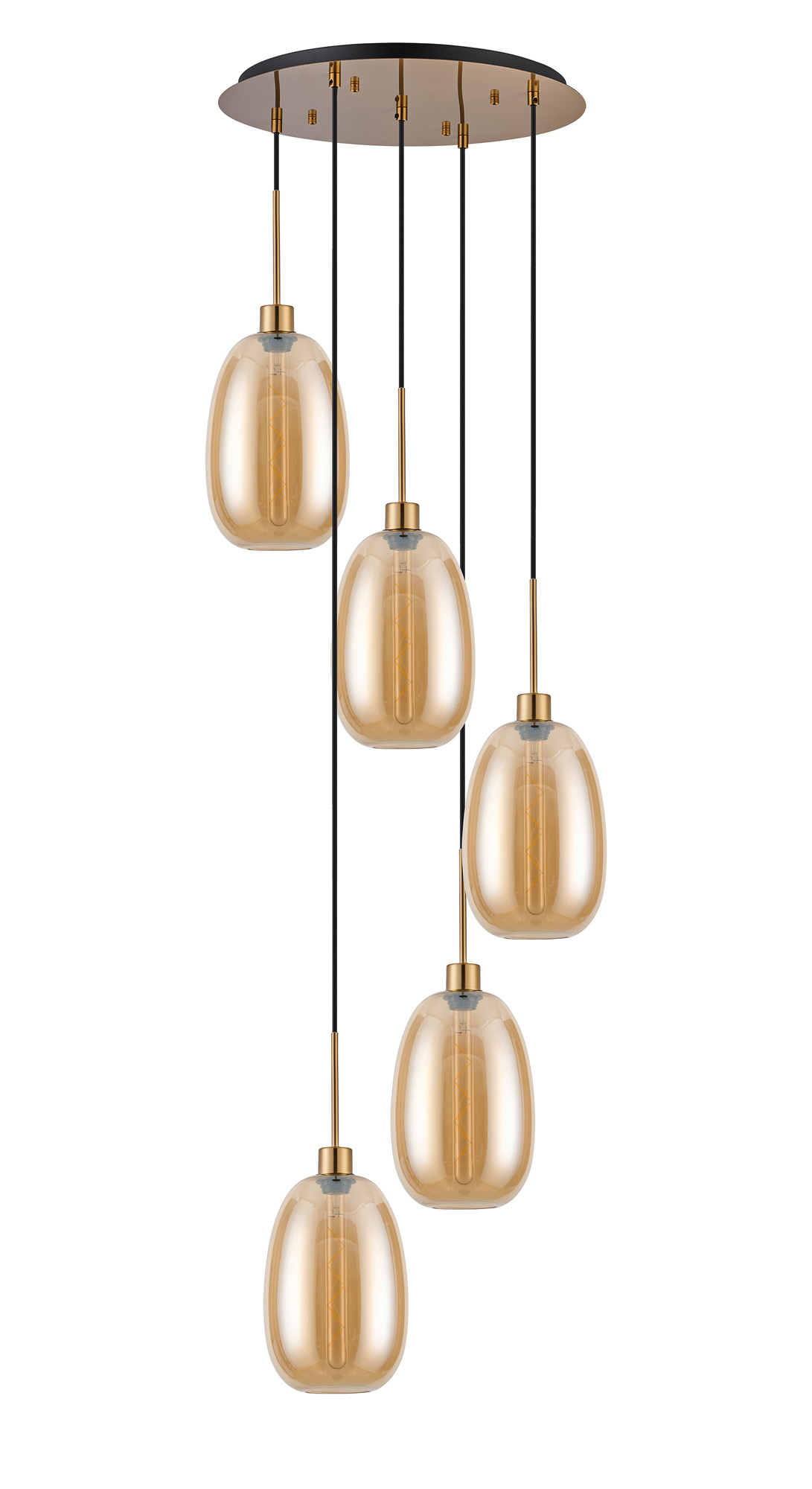DK1187  Lori 45cm Round Pendant, 5 Light Adjustable E27, Antique Gold/Amber Slim Curved Trapezium Shades